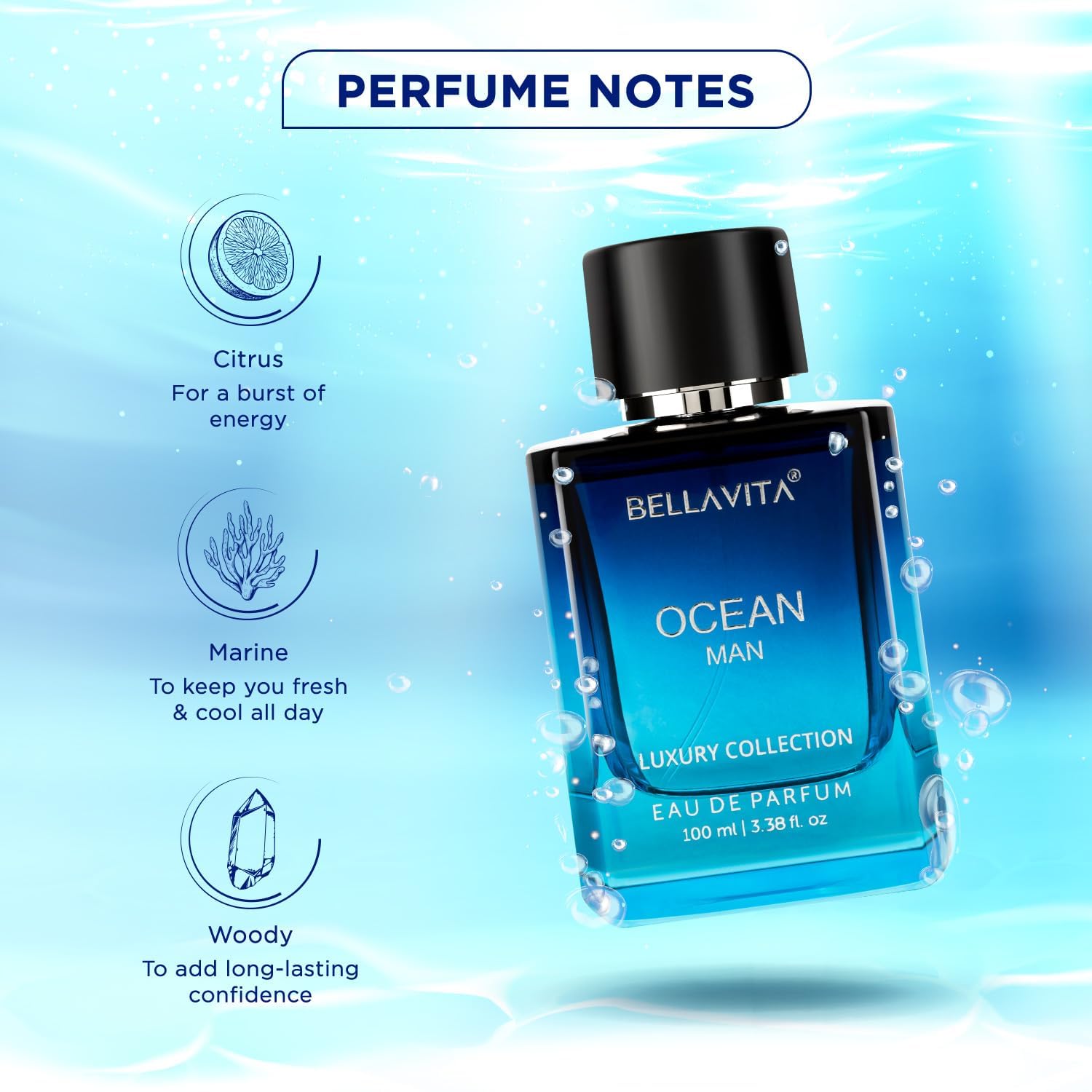 Bella Vita Men Ocean Aquatic Eau De Parfum, 100ml, Marine Orchid Musk, Citrus Woody, EdP Fragrance - packaging