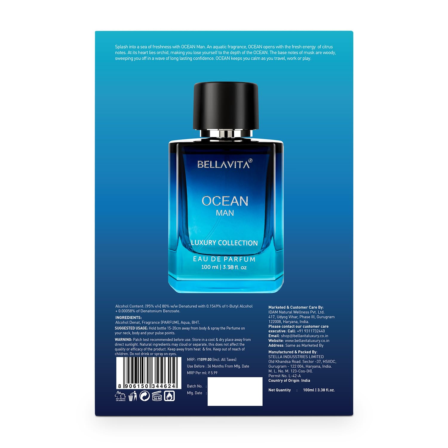Bella Vita Men Ocean Aquatic Eau De Parfum, 100ml, Marine Orchid Musk, Citrus Woody, EdP Fragrance - in use