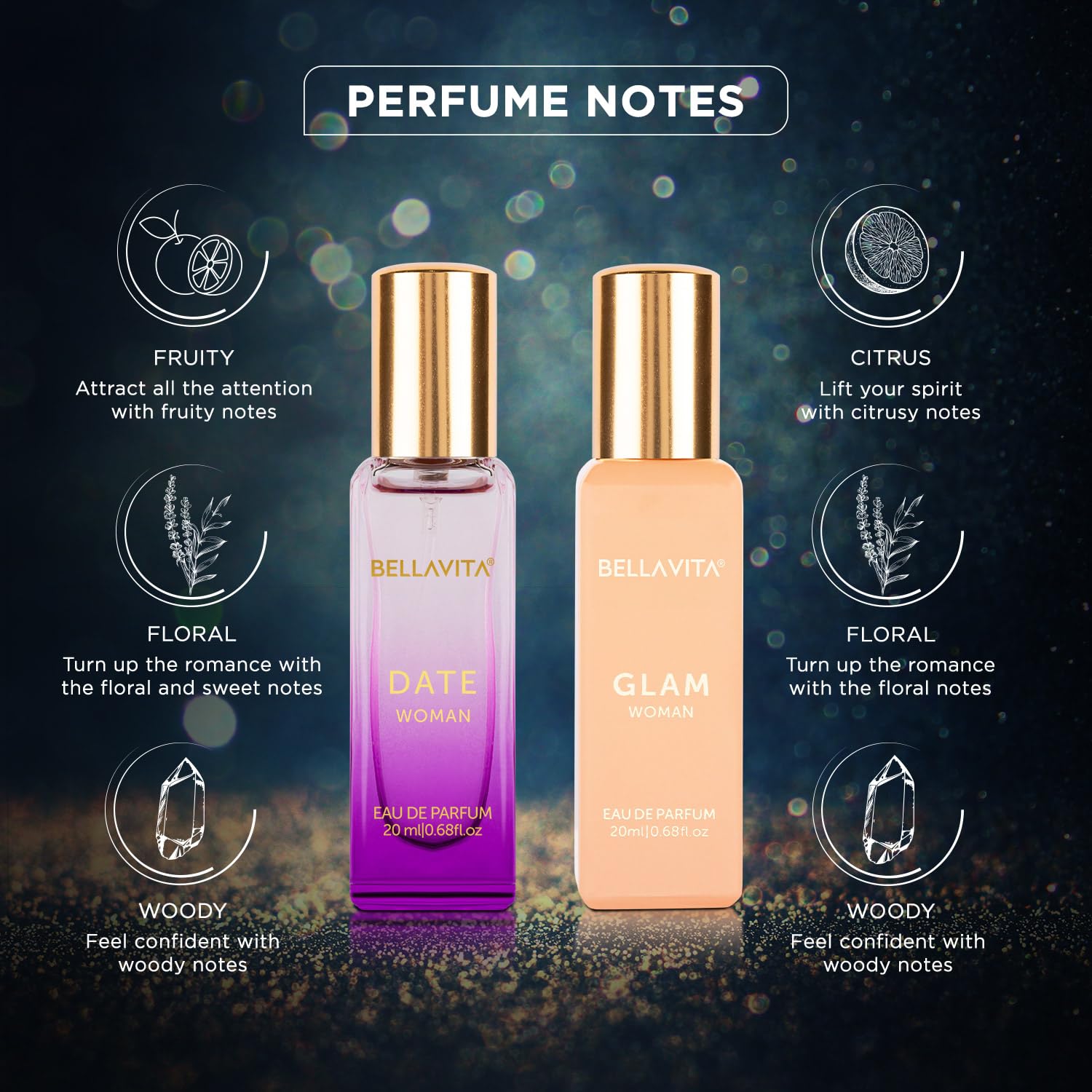 Bella Vita Organic Date & Glam Eau de Parfum Set, 2x20ml, Floral Fruity Citrusy Woody Fragrance for Women - front view