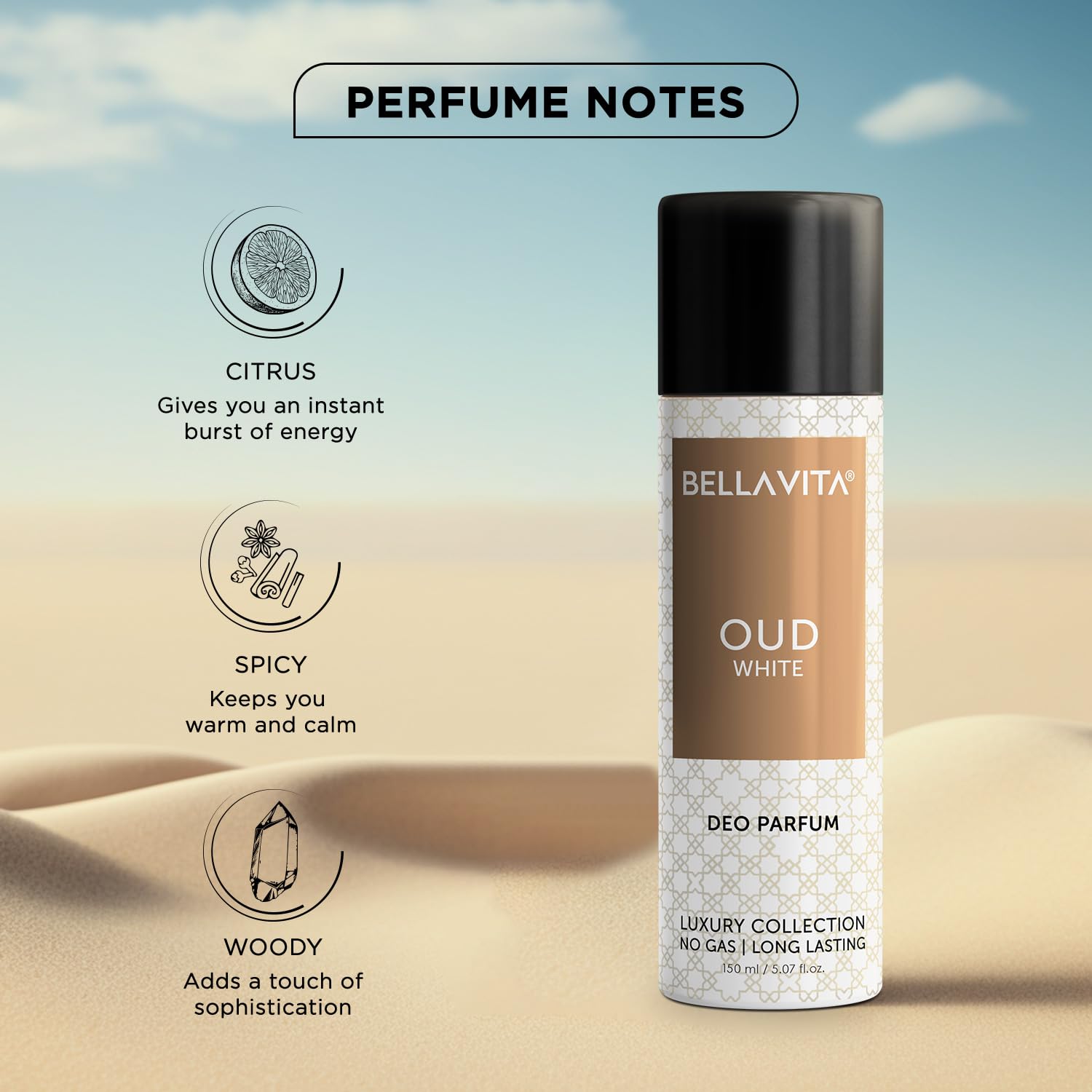 Bella Vita Oud White Body Deo 150ml - No Gas Long Lasting Deodorant Spray for Men - back view