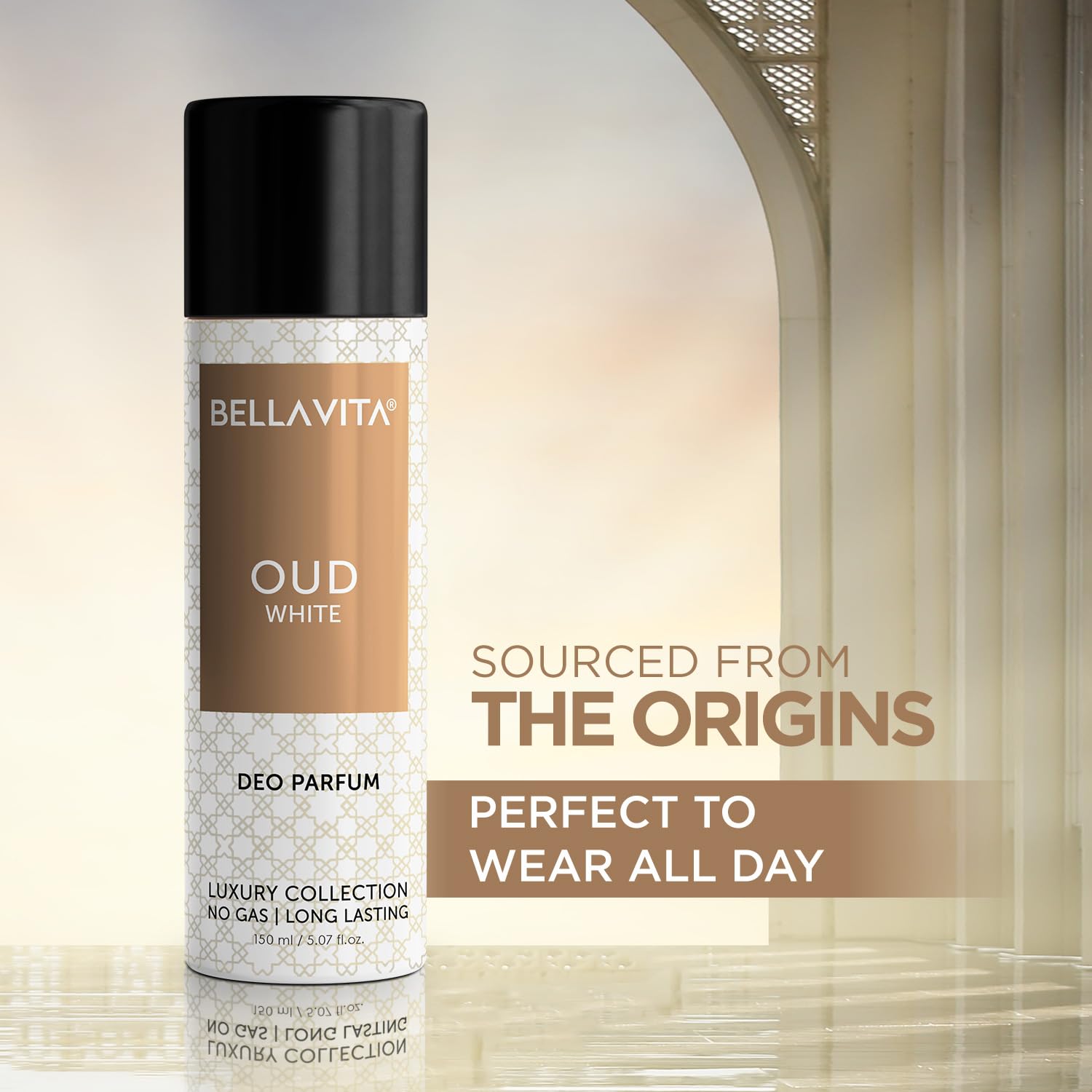Bella Vita Oud White Body Deo 150ml - No Gas Long Lasting Deodorant Spray for Men - label detail