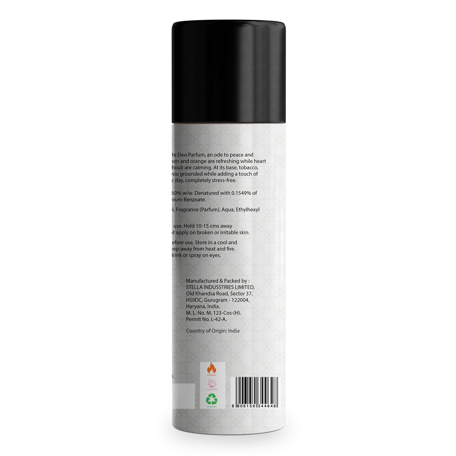 Bella Vita Oud White Body Deo 150ml - No Gas Long Lasting Deodorant Spray for Men - close-up detail