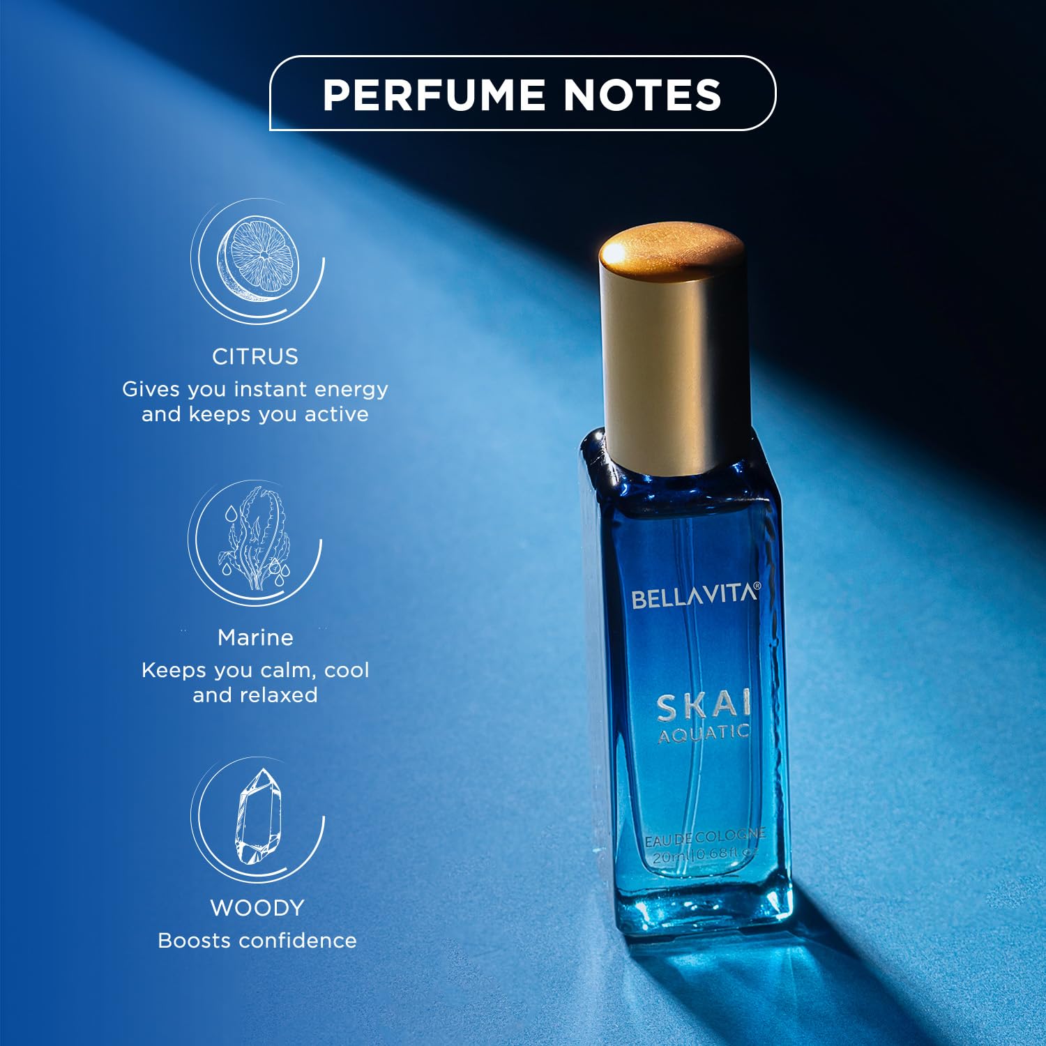 Bella Vita Skai Aquatic Eau de Cologne, 20ml, Unisex Woody Fragrance with Bergamot, Lavender & Patchouli - back view