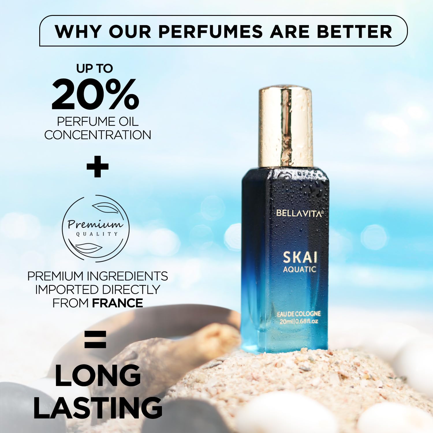 Bella Vita Skai Aquatic Eau de Cologne, 20ml, Unisex Woody Fragrance with Bergamot, Lavender & Patchouli - packaging