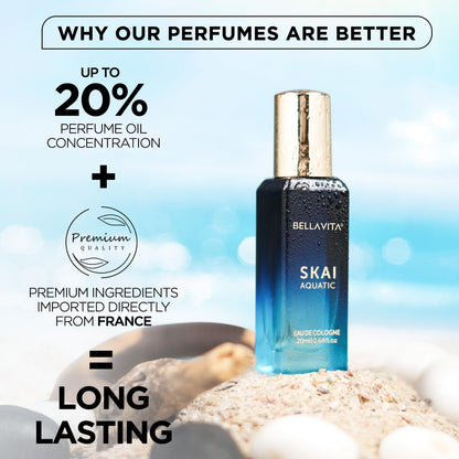 Bella Vita Skai Aquatic Eau de Cologne, 20ml, Unisex Woody Fragrance with Bergamot, Lavender & Patchouli - packaging