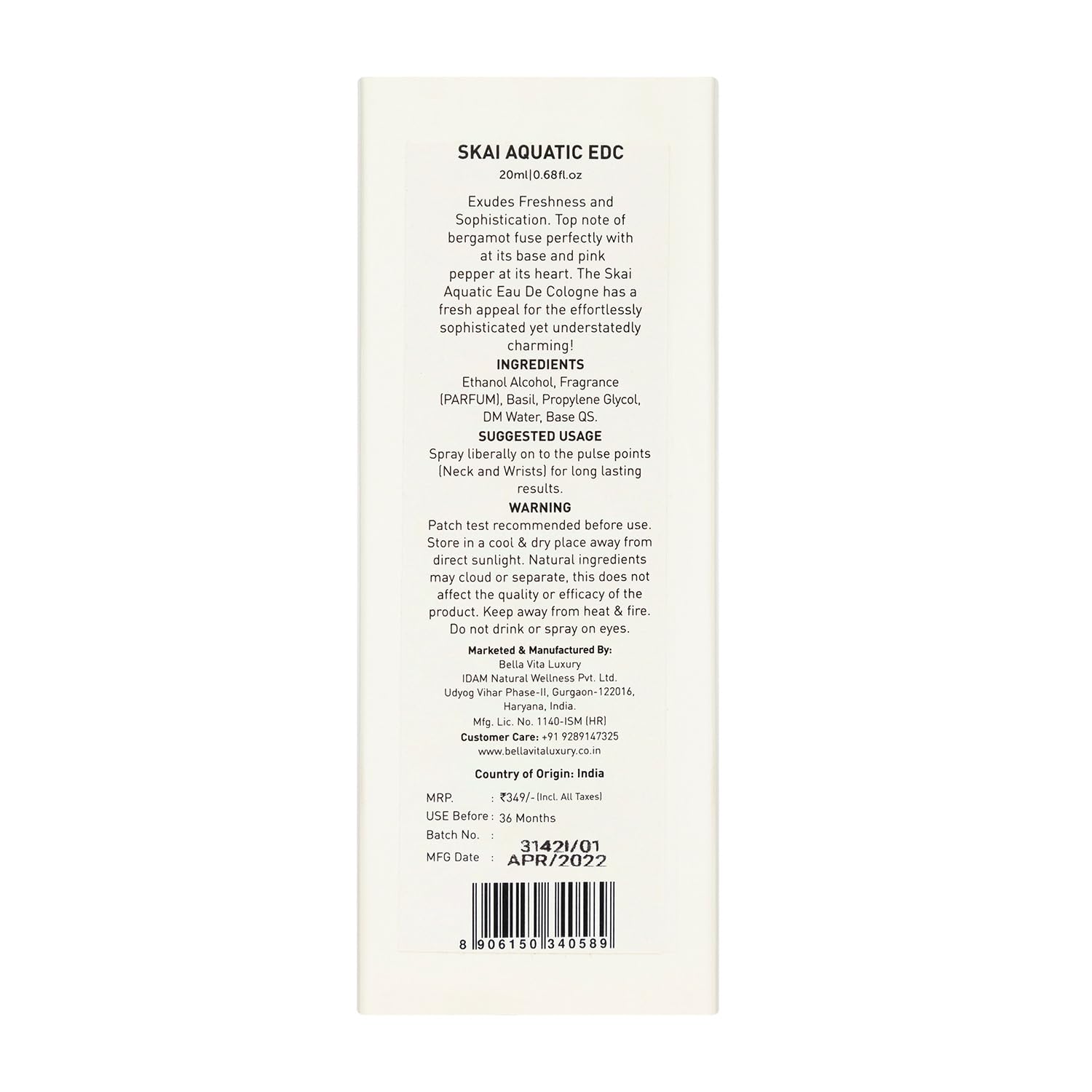 Bella Vita Skai Aquatic Eau de Cologne, 20ml, Unisex Woody Fragrance with Bergamot, Lavender & Patchouli - close-up detail