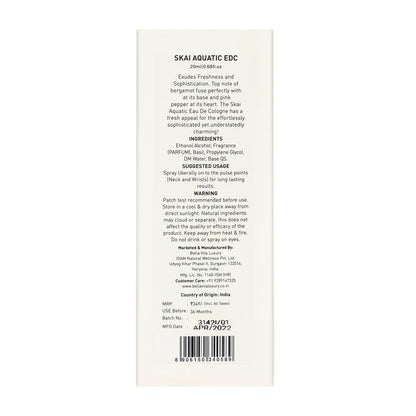 Bella Vita Skai Aquatic Eau de Cologne, 20ml, Unisex Woody Fragrance with Bergamot, Lavender & Patchouli - close-up detail