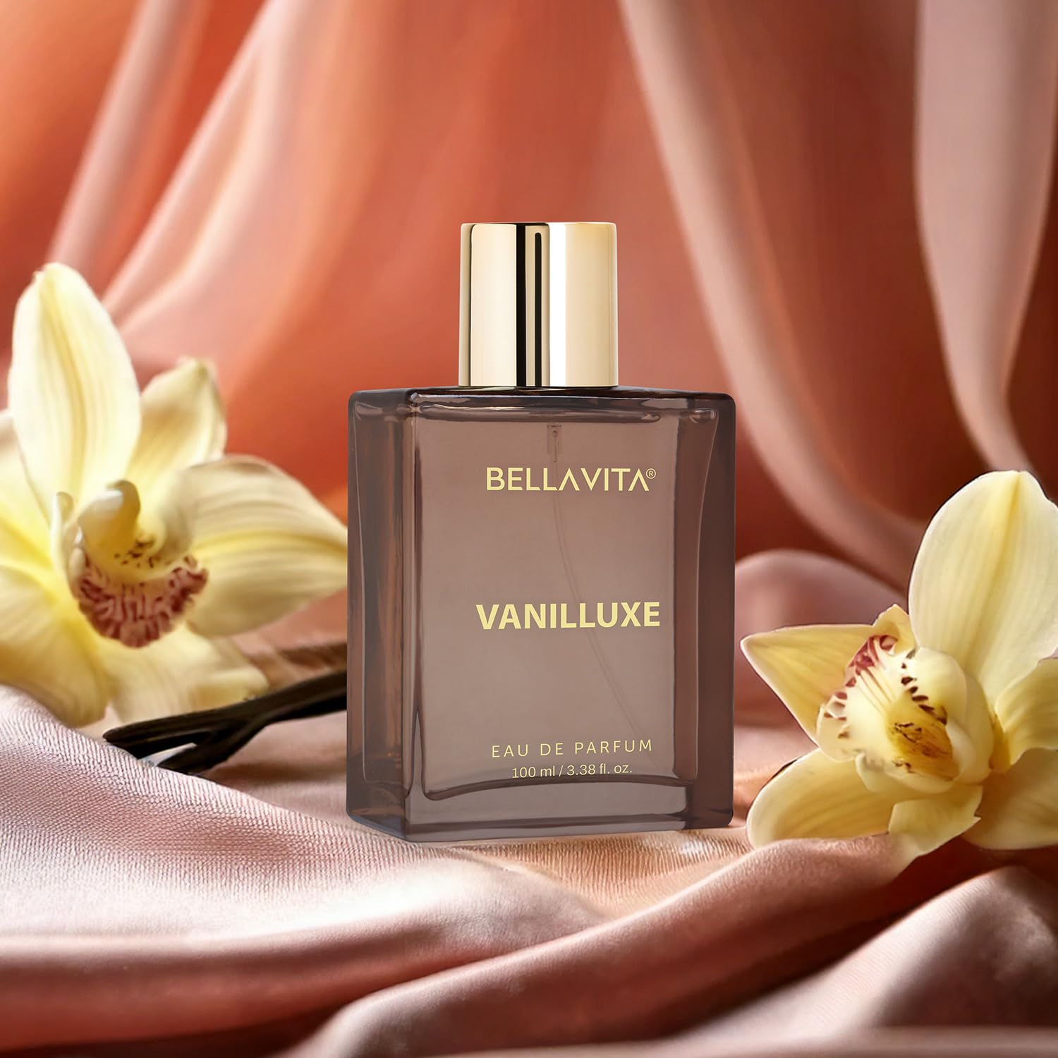 BELLAVITA Vanilluxe Eau de Parfum, 100ml, Unisex Fragrance with Cedarwood, Jasmine & Musk - front view