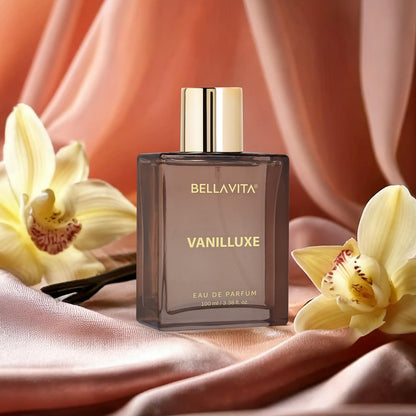 BELLAVITA Vanilluxe Eau de Parfum, 100ml, Unisex Fragrance with Cedarwood, Jasmine & Musk - front view