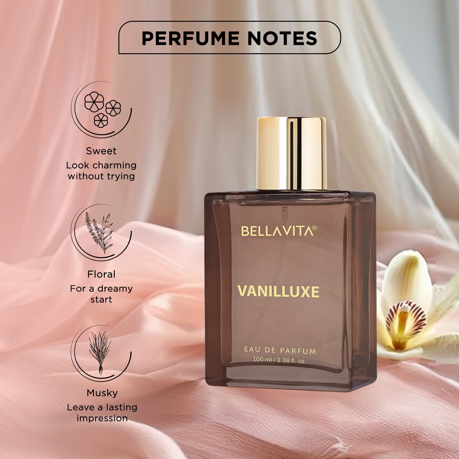 BELLAVITA Vanilluxe Eau de Parfum, 100ml, Unisex Fragrance with Cedarwood, Jasmine & Musk - back view
