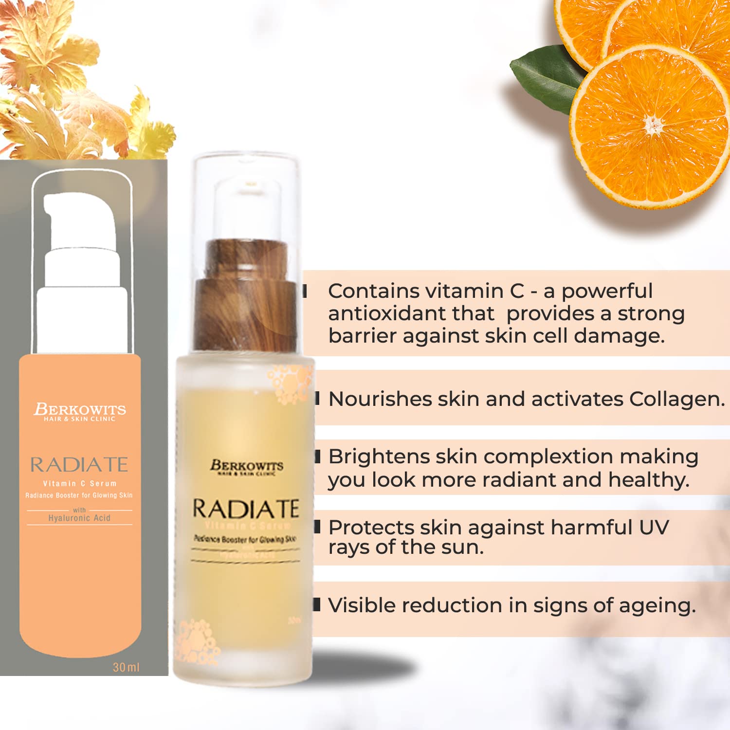 BERKOWITS HAIR & SKIN CLINICS Radiate Vitamin C Serum For Men & Women | Radiance Booster For Glowing Skin With Hyaluronic Aci