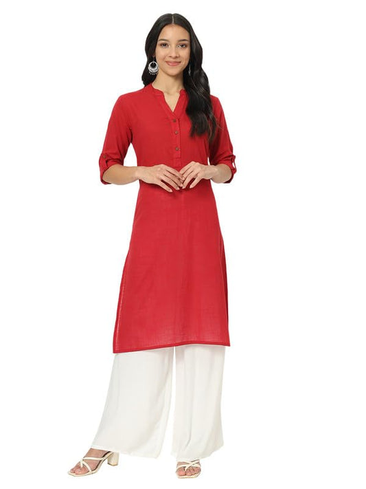 beSOLiD Women's Linen Cotton Kurta, Knee Length, 3/4 Sleeves, V-Neck, Regular Fit, with Pockets