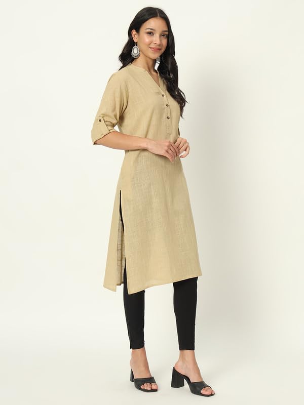 beSOLiD Women's Linen Cotton Kurta, Knee Length, 3/4 Sleeves, V-Neck, Regular Fit, with Pockets - front view (10)