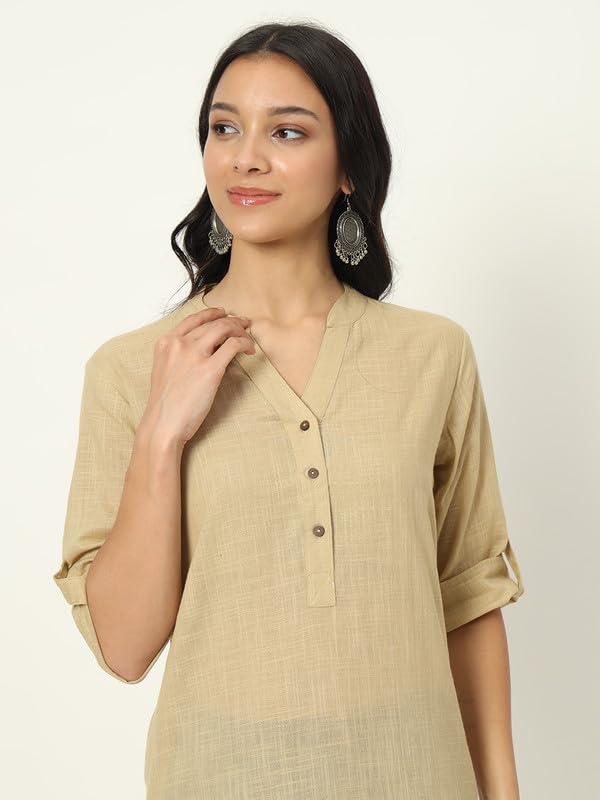 beSOLiD Women's Linen Cotton Kurta, Knee Length, 3/4 Sleeves, V-Neck, Regular Fit, with Pockets - back view (11)