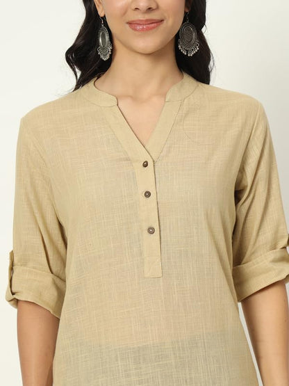 beSOLiD Women's Linen Cotton Kurta, Knee Length, 3/4 Sleeves, V-Neck, Regular Fit, with Pockets - close-up detail (15)