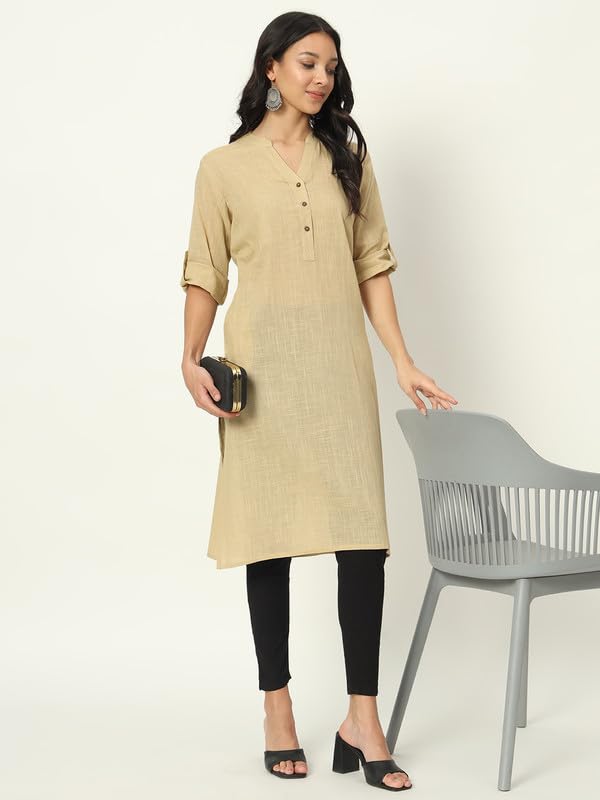 beSOLiD Women's Linen Cotton Kurta, Knee Length, 3/4 Sleeves, V-Neck, Regular Fit, with Pockets - in use (16)