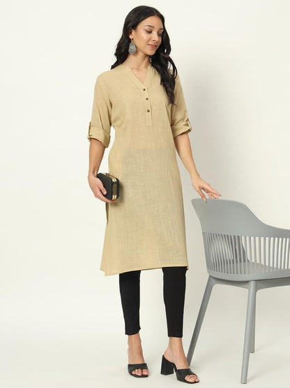 beSOLiD Women's Linen Cotton Kurta, Knee Length, 3/4 Sleeves, V-Neck, Regular Fit, with Pockets - in use (16)