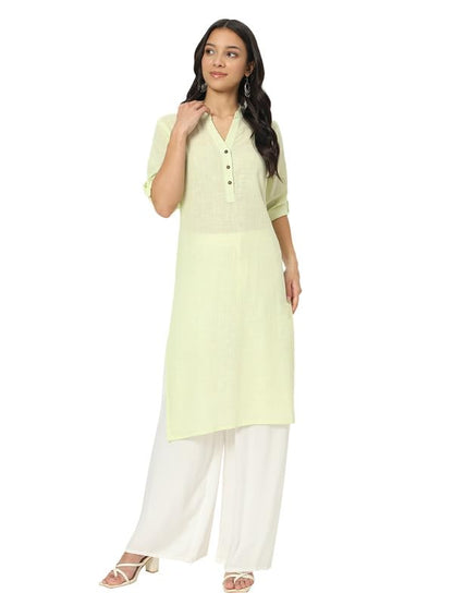 beSOLiD Women's Linen Cotton Kurta, Knee Length, 3/4 Sleeves, V-Neck, Regular Fit, with Pockets (17)