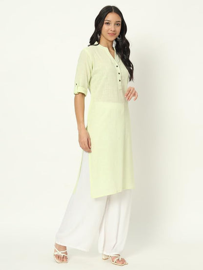 beSOLiD Women's Linen Cotton Kurta, Knee Length, 3/4 Sleeves, V-Neck, Regular Fit, with Pockets - front view (18)