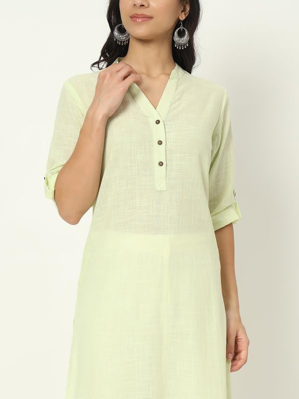 beSOLiD Women's Linen Cotton Kurta, Knee Length, 3/4 Sleeves, V-Neck, Regular Fit, with Pockets - back view (19)