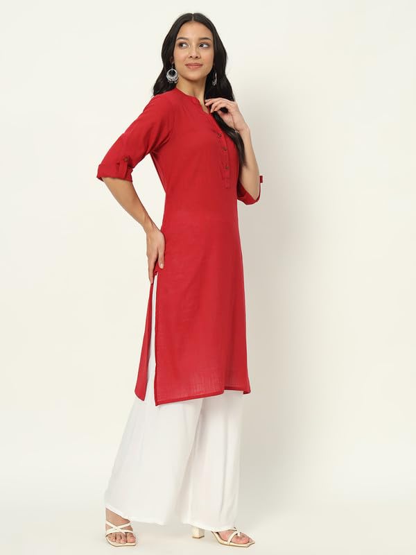 beSOLiD Women's Linen Cotton Kurta, Knee Length, 3/4 Sleeves, V-Neck, Regular Fit, with Pockets - front view