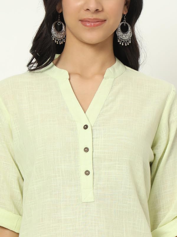 beSOLiD Women's Linen Cotton Kurta, Knee Length, 3/4 Sleeves, V-Neck, Regular Fit, with Pockets - close-up detail (23)