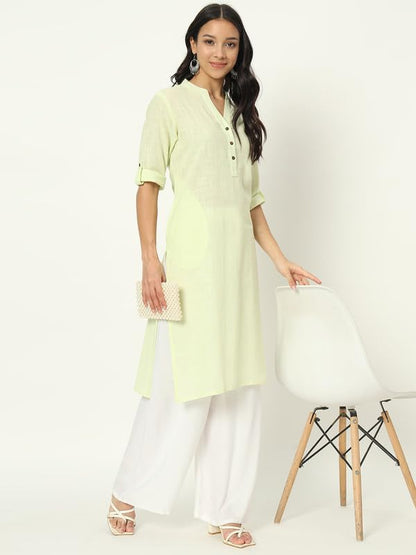 beSOLiD Women's Linen Cotton Kurta, Knee Length, 3/4 Sleeves, V-Neck, Regular Fit, with Pockets - in use (24)