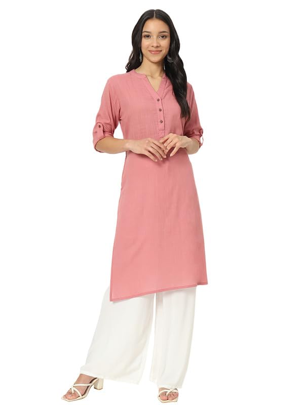 beSOLiD Women's Linen Cotton Kurta, Knee Length, 3/4 Sleeves, V-Neck, Regular Fit, with Pockets (25)