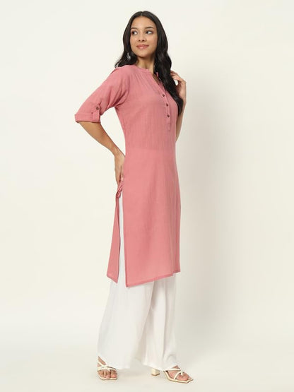 beSOLiD Women's Linen Cotton Kurta, Knee Length, 3/4 Sleeves, V-Neck, Regular Fit, with Pockets - front view (26)