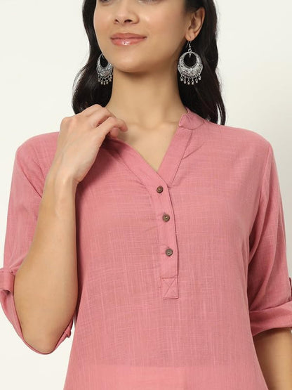 beSOLiD Women's Linen Cotton Kurta, Knee Length, 3/4 Sleeves, V-Neck, Regular Fit, with Pockets - back view (27)