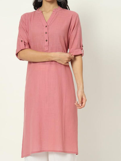 beSOLiD Women's Linen Cotton Kurta, Knee Length, 3/4 Sleeves, V-Neck, Regular Fit, with Pockets - packaging (28)