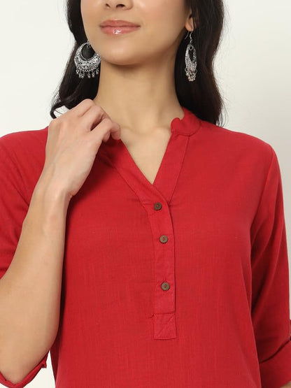 beSOLiD Women's Linen Cotton Kurta, Knee Length, 3/4 Sleeves, V-Neck, Regular Fit, with Pockets - back view