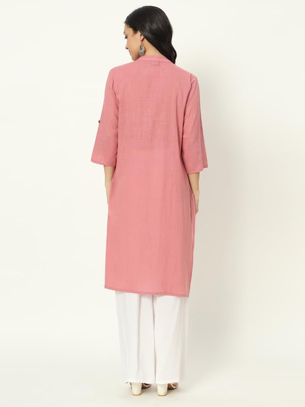 beSOLiD Women's Linen Cotton Kurta, Knee Length, 3/4 Sleeves, V-Neck, Regular Fit, with Pockets - ingredients panel (30)