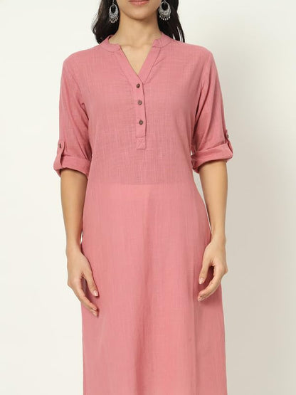 beSOLiD Women's Linen Cotton Kurta, Knee Length, 3/4 Sleeves, V-Neck, Regular Fit, with Pockets - close-up detail (31)