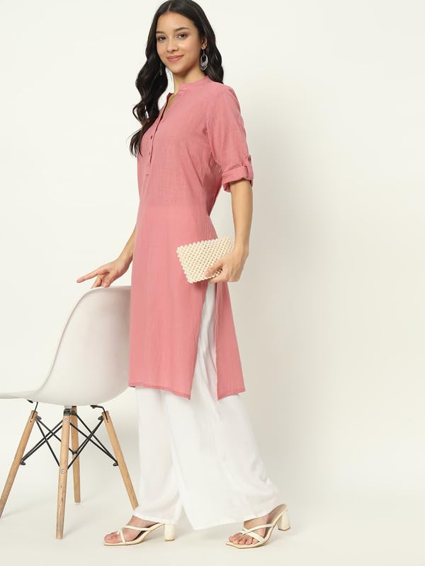 beSOLiD Women's Linen Cotton Kurta, Knee Length, 3/4 Sleeves, V-Neck, Regular Fit, with Pockets - in use (32)