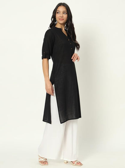 beSOLiD Women's Linen Cotton Kurta, Knee Length, 3/4 Sleeves, V-Neck, Regular Fit, with Pockets - front view (34)