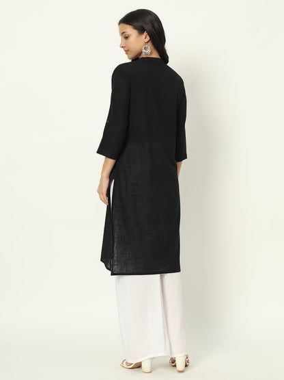 beSOLiD Women's Linen Cotton Kurta, Knee Length, 3/4 Sleeves, V-Neck, Regular Fit, with Pockets - ingredients panel (38)