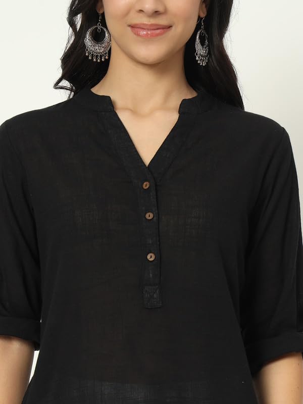 beSOLiD Women's Linen Cotton Kurta, Knee Length, 3/4 Sleeves, V-Neck, Regular Fit, with Pockets - close-up detail (39)