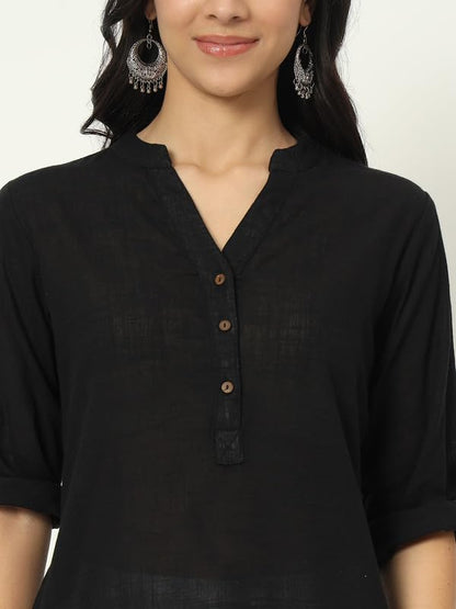 beSOLiD Women's Linen Cotton Kurta, Knee Length, 3/4 Sleeves, V-Neck, Regular Fit, with Pockets - close-up detail (39)
