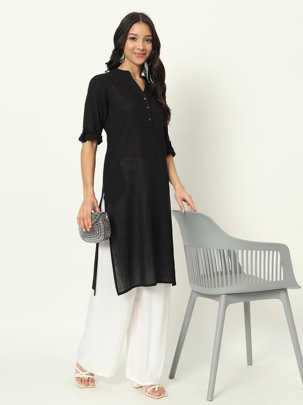 beSOLiD Women's Linen Cotton Kurta, Knee Length, 3/4 Sleeves, V-Neck, Regular Fit, with Pockets - in use (40)