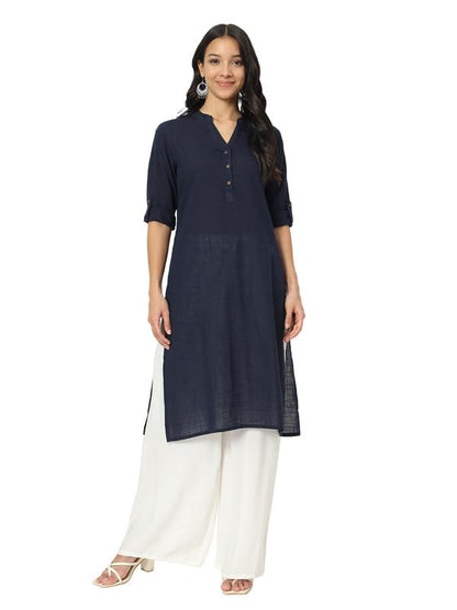 beSOLiD Women's Linen Cotton Kurta, Knee Length, 3/4 Sleeves, V-Neck, Regular Fit, with Pockets (41)