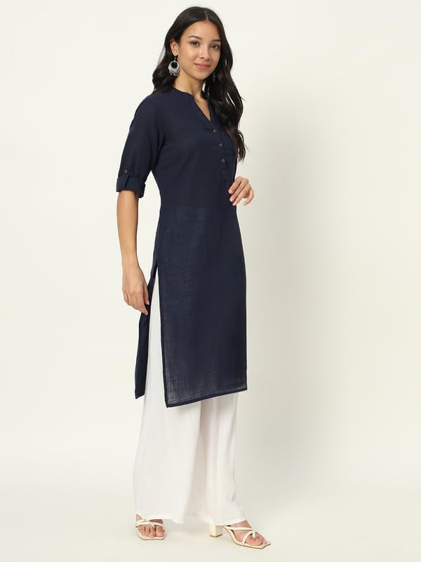 beSOLiD Women's Linen Cotton Kurta, Knee Length, 3/4 Sleeves, V-Neck, Regular Fit, with Pockets - front view (42)