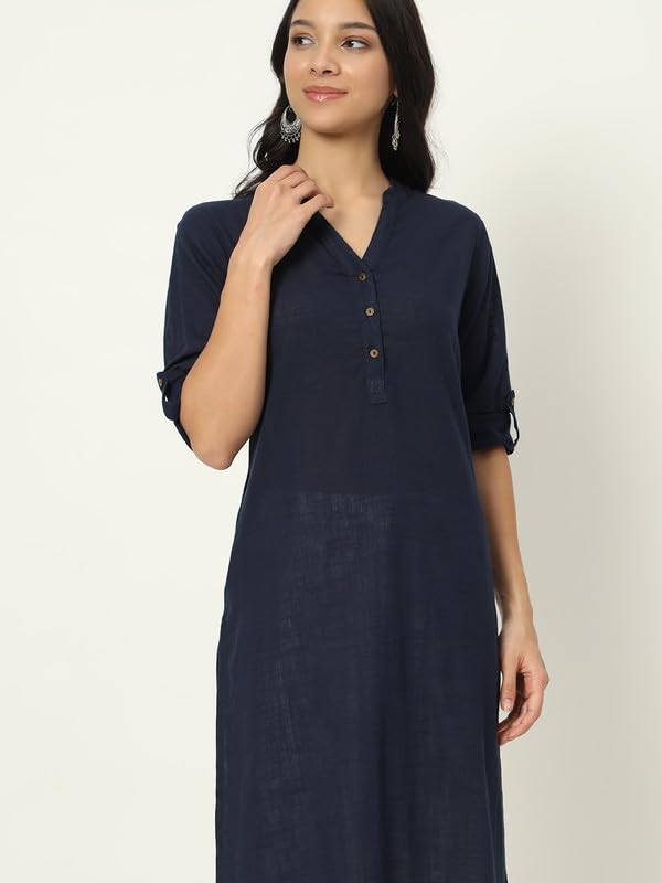 beSOLiD Women's Linen Cotton Kurta, Knee Length, 3/4 Sleeves, V-Neck, Regular Fit, with Pockets - back view (43)