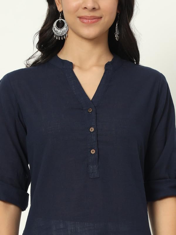 beSOLiD Women's Linen Cotton Kurta, Knee Length, 3/4 Sleeves, V-Neck, Regular Fit, with Pockets - close-up detail (47)