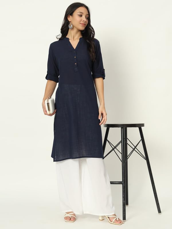 beSOLiD Women's Linen Cotton Kurta, Knee Length, 3/4 Sleeves, V-Neck, Regular Fit, with Pockets - in use (48)