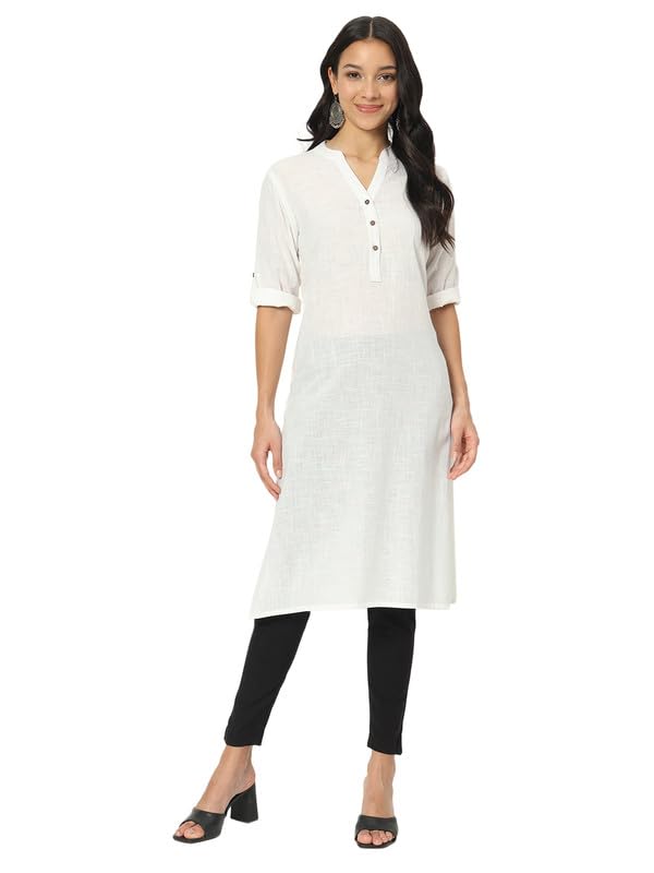 beSOLiD Women's Linen Cotton Kurta, Knee Length, 3/4 Sleeves, V-Neck, Regular Fit, with Pockets (49)