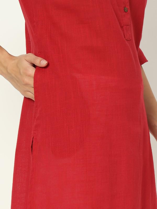 beSOLiD Women's Linen Cotton Kurta, Knee Length, 3/4 Sleeves, V-Neck, Regular Fit, with Pockets - label detail