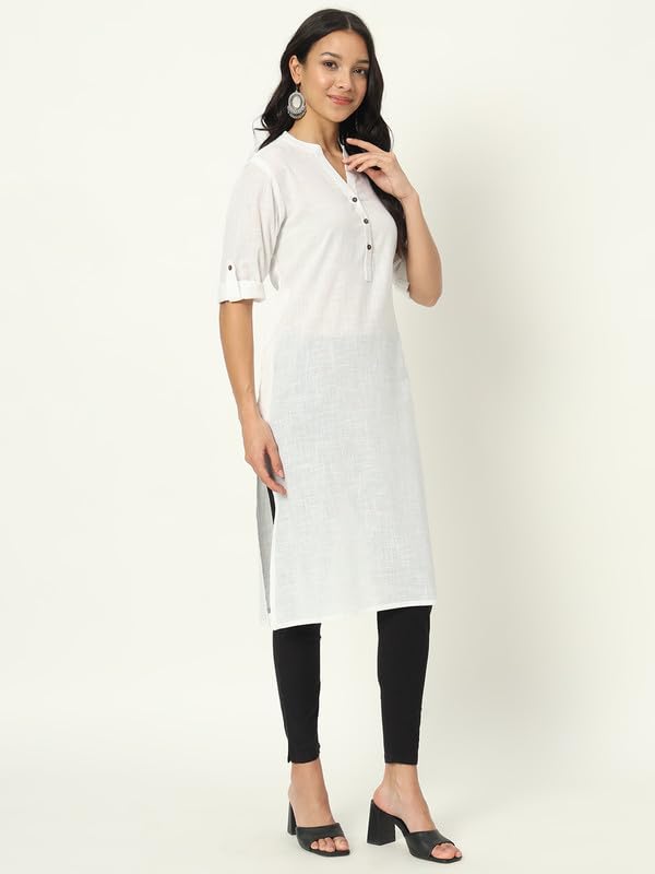 beSOLiD Women's Linen Cotton Kurta, Knee Length, 3/4 Sleeves, V-Neck, Regular Fit, with Pockets - front view (50)