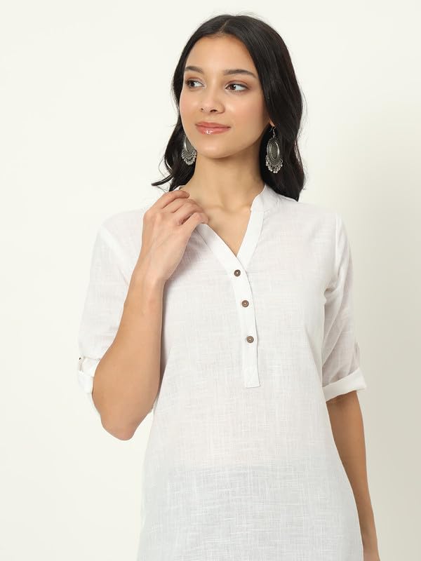 beSOLiD Women's Linen Cotton Kurta, Knee Length, 3/4 Sleeves, V-Neck, Regular Fit, with Pockets - back view (51)