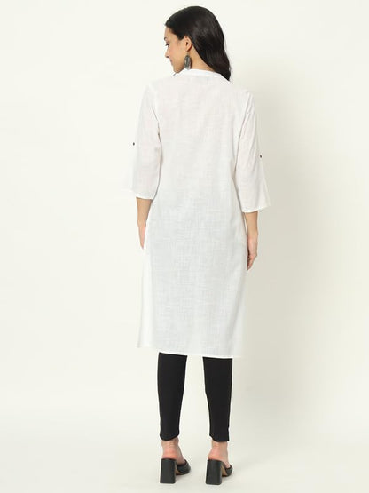 beSOLiD Women's Linen Cotton Kurta, Knee Length, 3/4 Sleeves, V-Neck, Regular Fit, with Pockets - label detail (53)